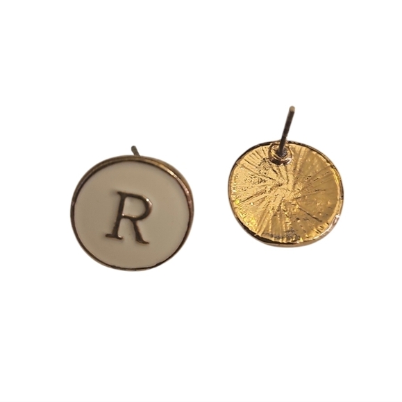 Gold Round Engraved Monogram Stud Earrings - Picture 3 of 4